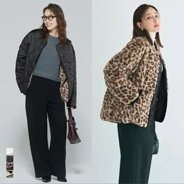 coca 워셔블 리버서블 퀼팅 블루종 블랙/레오파드 무늬