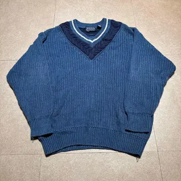 LASCELTA 스웨터 코튼 니트 V넥 빈티지 90s 파랑 M