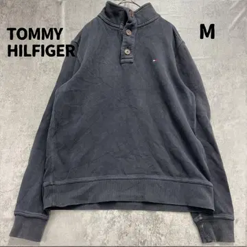 타미힐피거 스웨트 셔츠 블랙 자수 로고 하프 버튼 [ 7026 ]