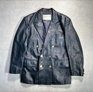 90s unknown 가죽 더블 자켓 테일러드 천연 가죽 네이비 블레이저