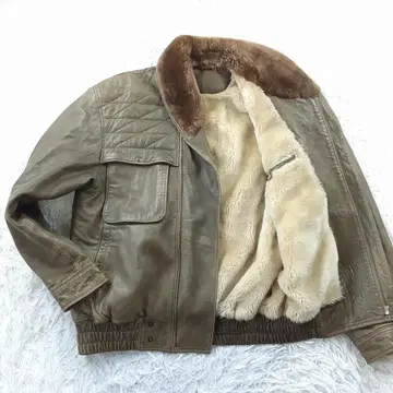 레어 90s 가죽 자켓 카키 퀼팅 보아 안감 빈티지