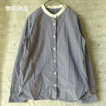 무인양품 노카라 셔츠 블라우스 스트라이프 면 100% 포멀