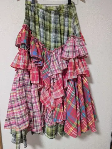 엘르로데오 체크 무늬 프릴 롱 스커트