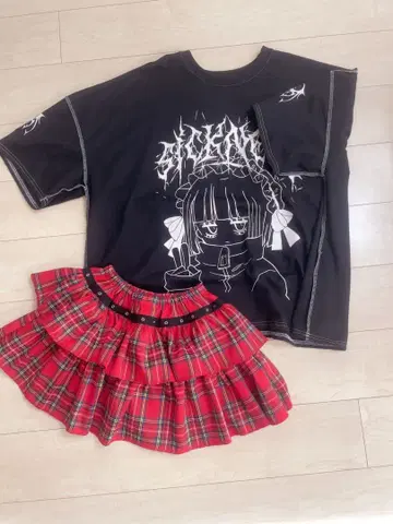 VOLCAN&APHRODITE AZ 빅 T셔츠 체크 스커트 세트