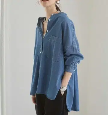 ANGIE 오버 사이즈 밴드 카라 데님 셔츠