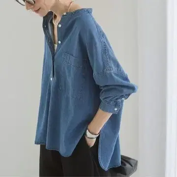 ANGIE 오버 사이즈 밴드 카라 데님 셔츠