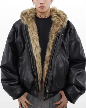 퍼 & 가죽 후드 부착 자켓 리버서블