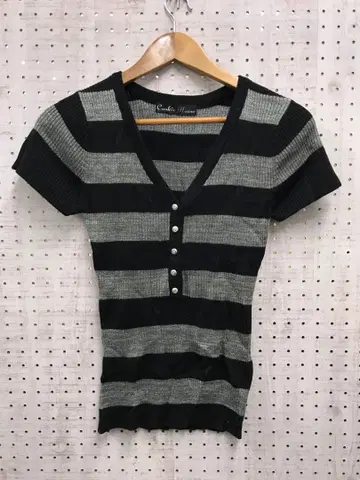 00년대 헤이세이 갸루 구제 의류 굵은 보더 헨리넥 리브 니트탑