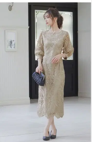 결혼식 원피스 파티 드레스 자수 롱 백리본 타이트 베이지