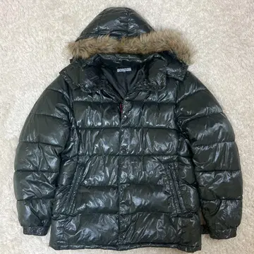 새상품급 퍼 다운 자켓 광택 헤이세이 갸루 시크 스타일 다크 그린 L