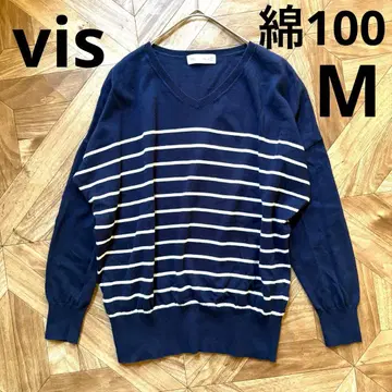ViS 면 100 네이비/화이트 스트라이프 V넥 긴팔 니트 M