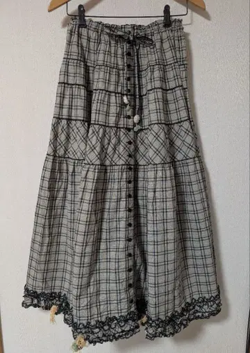 핑크하우스 백일홍 모티브 체크 무늬 롱 스커트