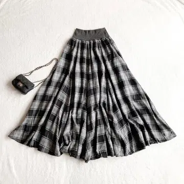 MONiLE 체크 볼륨 플레어 스커트 허리 리브 코튼