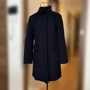 네이비 스탠드 카라 롱 코트