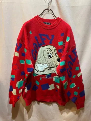 CRUTCH 갈피 애니메이션 캐릭터 총무늬 니트 스웨터 개 빨간색