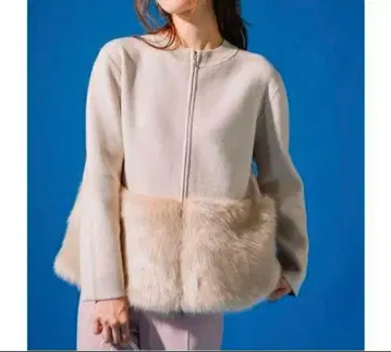 CELFORD 에코 퍼 콤비 니트 자켓 S 노카라 베이지