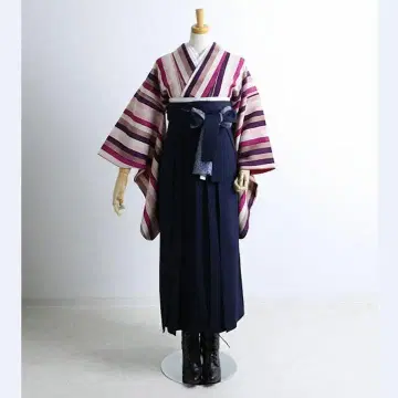 졸업 하카마 니샤쿠소데 기모노 단품 완성 세로 줄무늬 패턴
