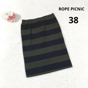 [로페피크닉] 무릎 기장 타이트 스커트 (38) 카키 블랙 보더 무늬