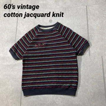 60s 레어 빈티지 반팔 코튼 니트 자카드 직조 놋쇠 YKK 지퍼 S