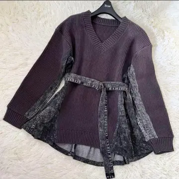 그레이스 콘티넨탈 데님 플레어 니트 탑 36 코튼 이소재 절개