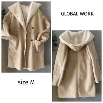 GLOBAL WORK 무스탕 코트 후드 부착 베이지 따뜻한