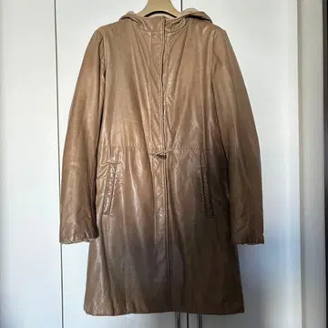 JIL SANDER 베이지 가죽 다운 코트 후드 부착