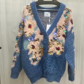 [ COEL ] 꽃무늬 비쥬 샤기 가디건/F/블루