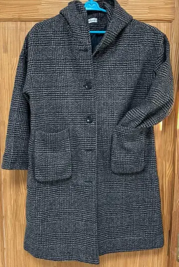 후드 부착 체크 무늬 롱 코트