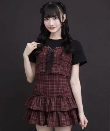 pium 프론트 리본 뷔스티에 세트 레드 체크