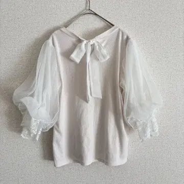 그레일 소매 튤 백리본 상의 M 완판템 볼륨 티셔츠