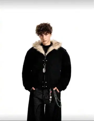 플리스 안감 블랙 후드 부착 자켓