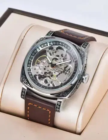 스켈레톤 자동 태엽 손목시계 브라운 가죽