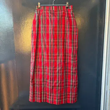 레드 계열 체크 무늬 롱 타이트 스커트