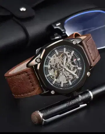 자동 와인딩 시계 스켈레톤 블랙/브라운