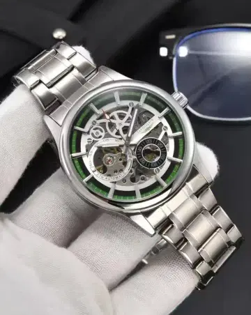 LONGUX 자동 와인딩 손목시계 스켈레톤 실버/그린 약 42mm