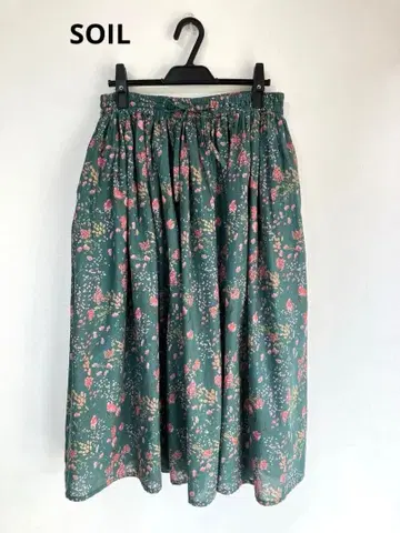새상품급 SOIL 꽃무늬 롱 개더 스커트 그린 코튼 보일 면