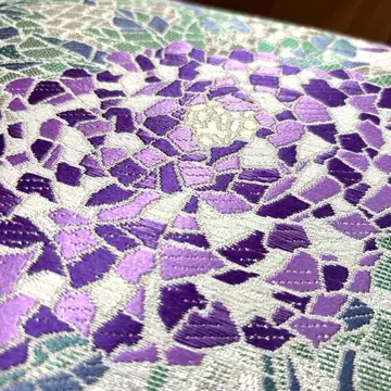 순수 실크 육통 후쿠로 오비 [ 실버 보라색 꽃들 ]