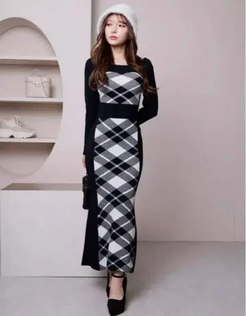 LIP SERVICE 체크 자카드 오프숄더 머메이드 원피스
