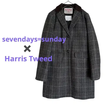 해리스 트위드 세븐 데이즈 선데이 그레이 체크 무늬 체스터 코트