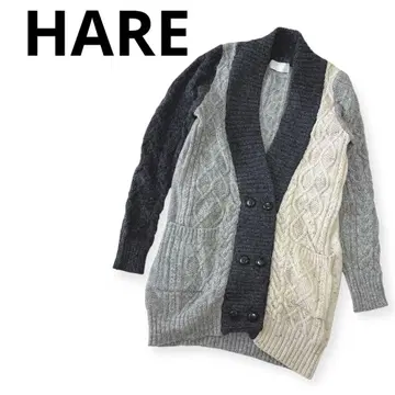 하레 케이블 니트 바이컬러 긴팔 가디건 그레이 아가일
