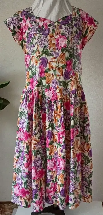 훌라 댄스 레슨 꽃무늬 핑크 슬리브리스 무릎 아래 원피스