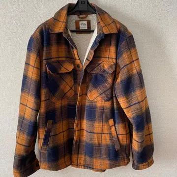 ZARA 자라 남성용 오렌지 네이비 체크 보아 안감 자켓