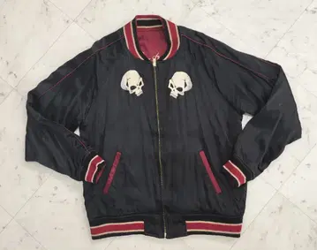 스컬 & 용 자수 블랙 와인 레드 스카잔 리버서블