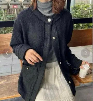 DISCOAT 노카라 트위드 자켓 블랙