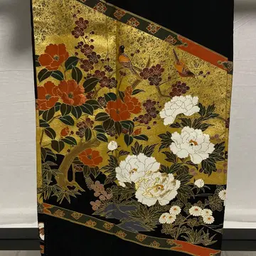 D800 블랙 전통 예복 기모노 꽃 무늬 자수 새 상품급