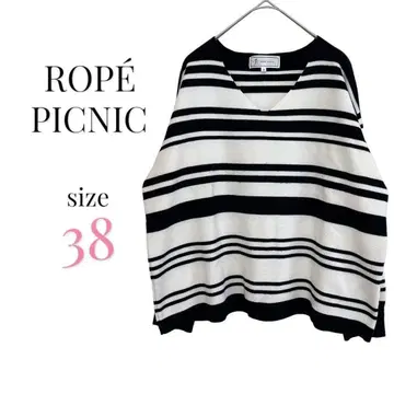 로페피크닉 [ 38 ] 보더 니트 상의 긴팔 화이트 블랙 V넥 심플