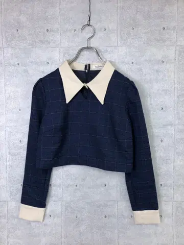 트레디셔널 REDYAZElL 구제 의류 체크 무늬 카라 부착 크롭 상의