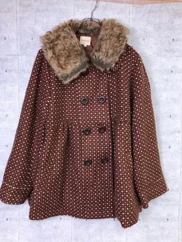 모리케이 구제 의류 퍼 티펫 더블 버튼 레트로 패턴 트위드 코트