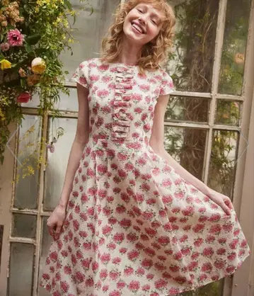 토카 꽃무늬 프릴 플레어 원피스 핑크 6 LL