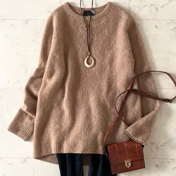 새상품급*에이톤 캐시미어 크루넥 풀오버 M 카멜 긴팔 일본제